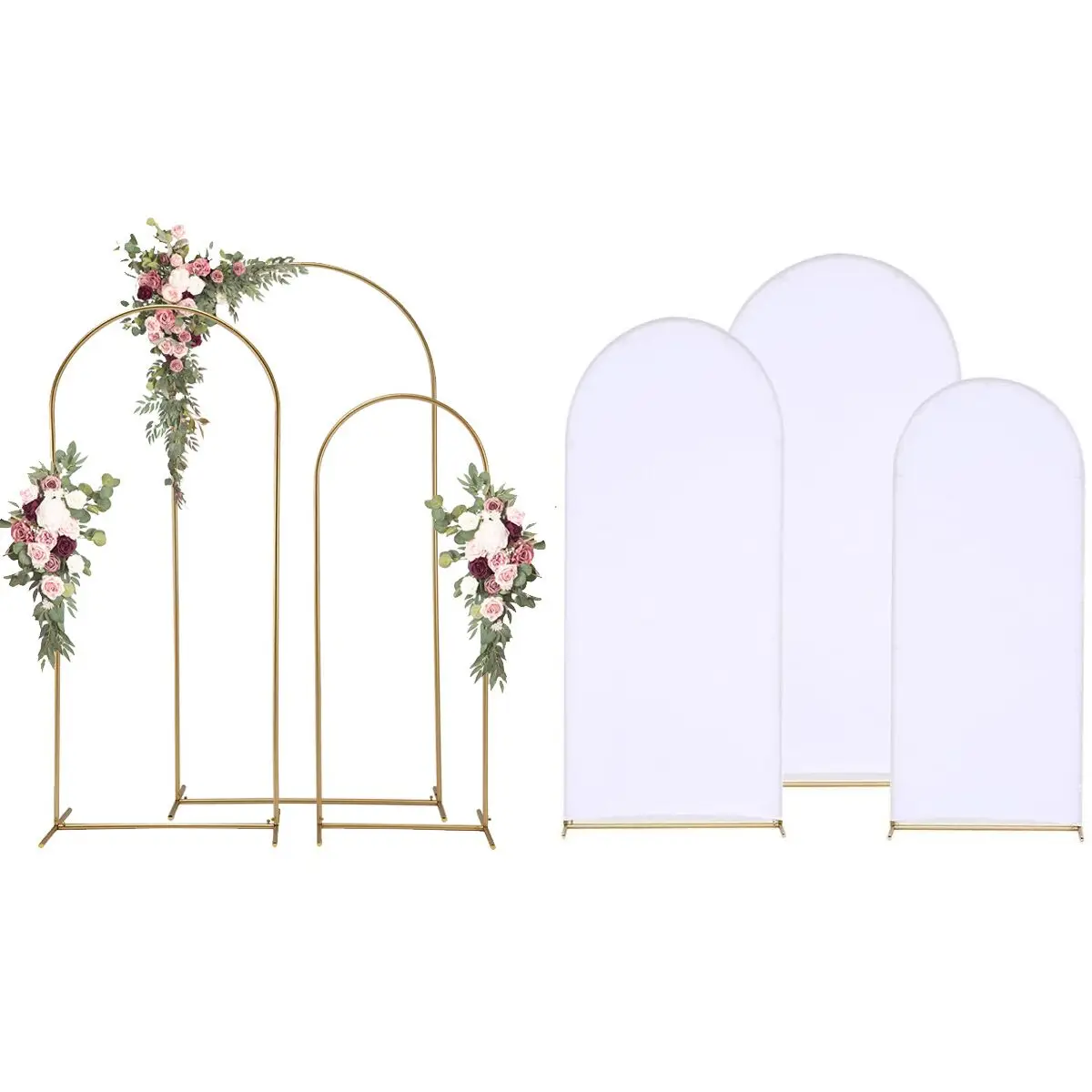 

Wedding Arch Backdrop Stand and Cover Set 6.6FT 5.9FT 4.9FT 3 Gold Metal Arch Stand with 3 White Spandex Arch Covers for Parties