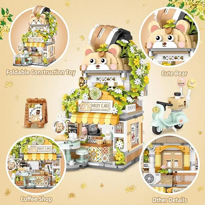 Loz Mini Street View Building Blocks Bear Coffee Shop Foldable Panda Milk Tea Cartoon Street Shop Store Model Bricks Stacking