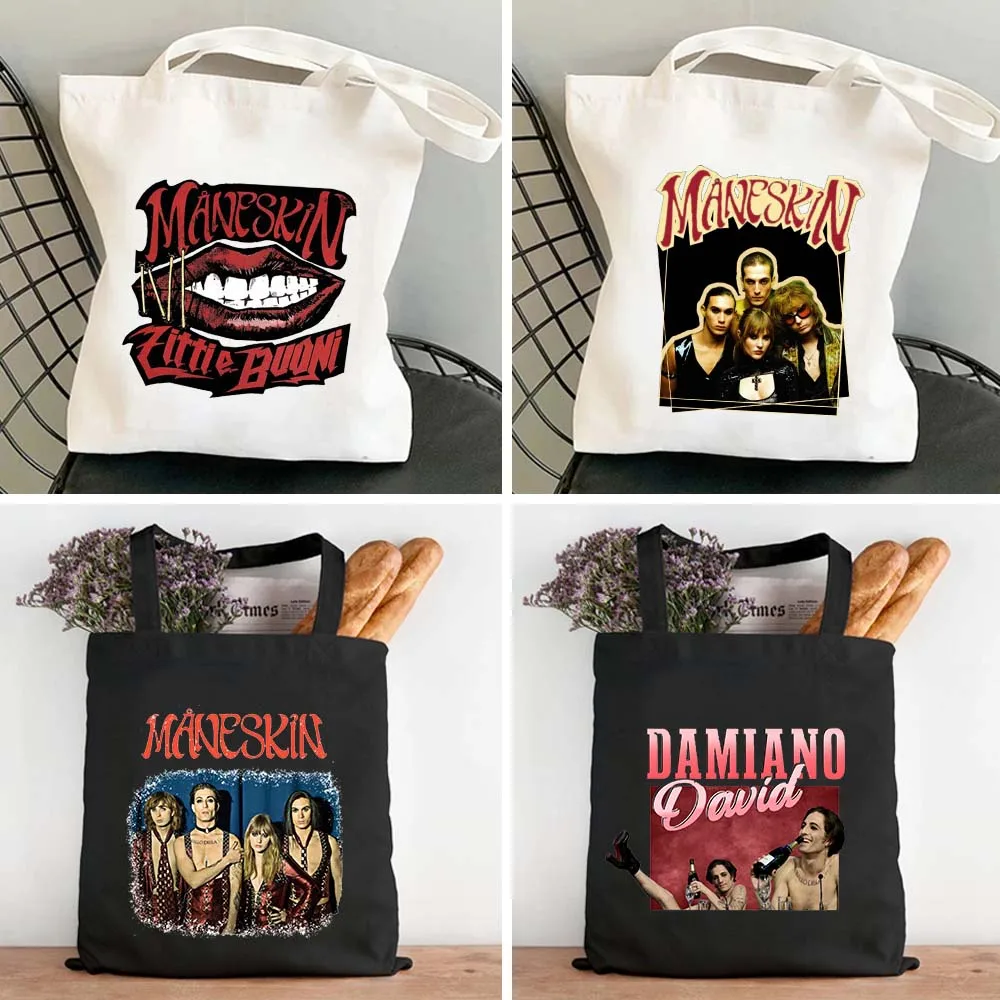 Reusable Grocery Bag Rock Band DAMIANO DAVID MANESKIN Mouth Italy Music Victoria Damian MAMMAMIA Shopper Canvas Tote Bag Handbag