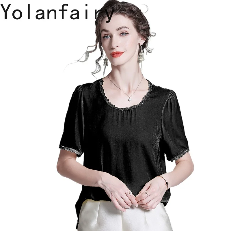 

YOLANFAIRY Высококачественные бархатные футболки из натурального шелка шелковицы, женские осенние нежные элегантные футболки, женская черная футболка, женский топ