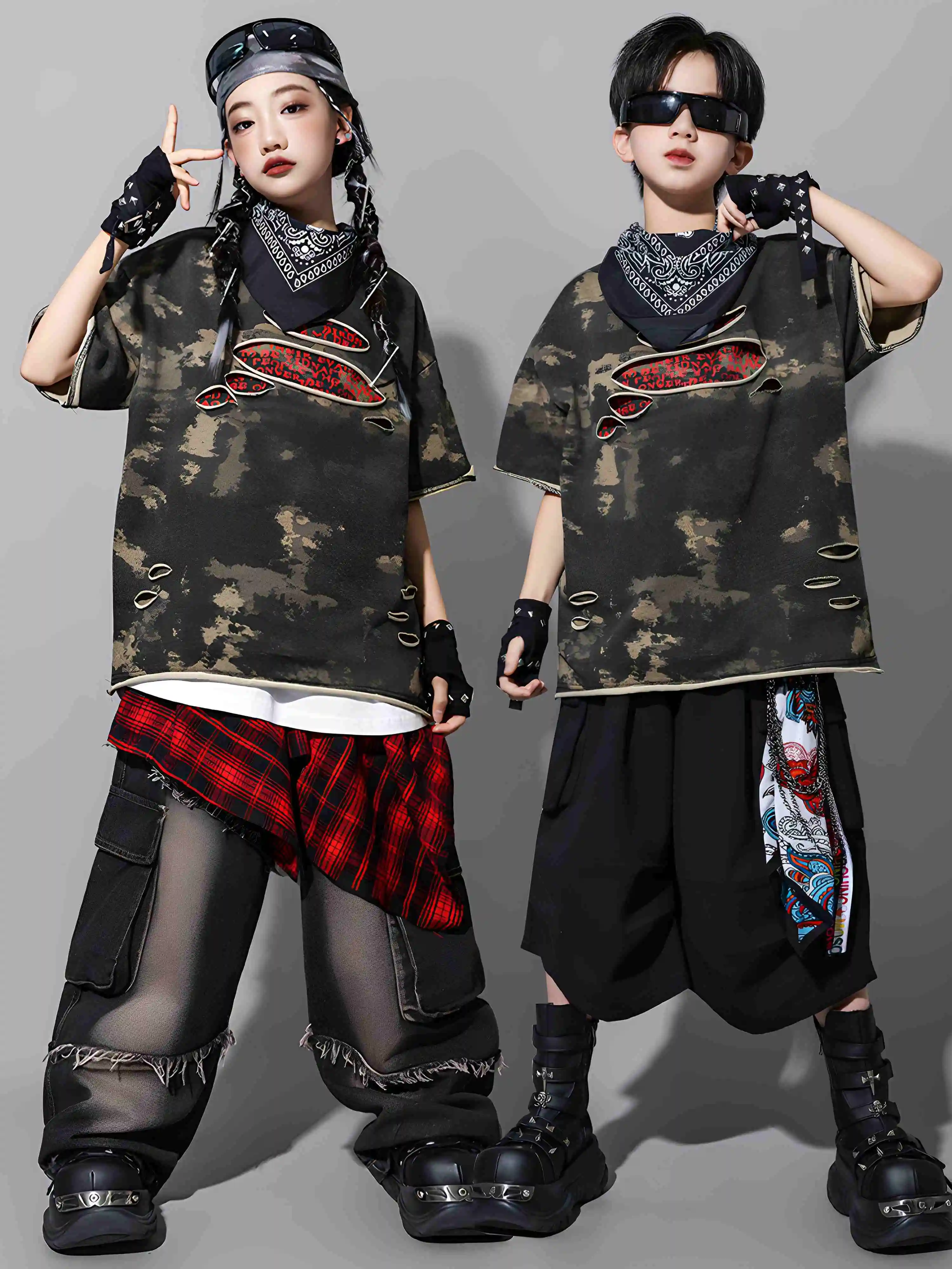 

Summer Boys Hip Hop Clothes Fashion Kids Wear Jazz Dance Costume Camouflage Ripped Top Girls Kpop Concert Stage Clothing BL16438