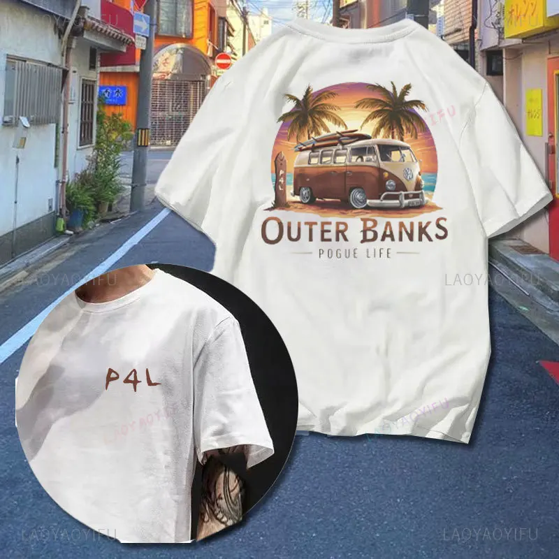 Fashion P4L Vintage Van Beach T-Shirt Outer Banks 'Pogue Life' Surf Van Tee Coastal Vibes Shirt Summer Cotton Camisetas Tee Tops