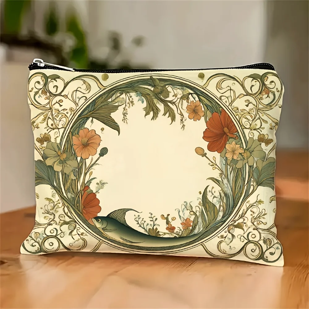 A Retro Artistic Floral Printed Cosmetic Bag- Multifunctional Zipper Pouch, Jewelry Storage Bag, Perfect Travel Zipper Small Sto