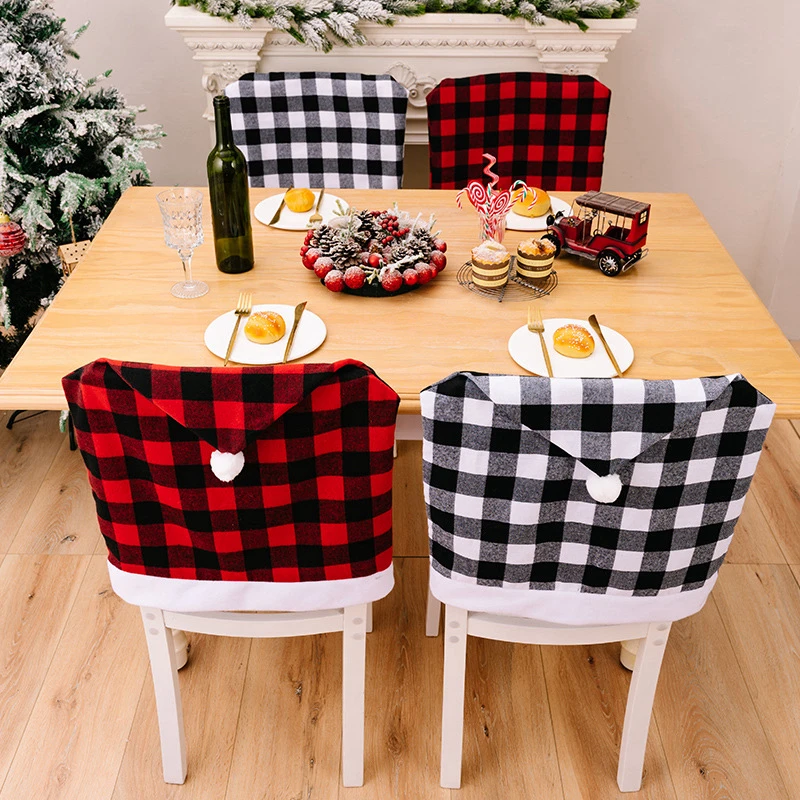 

Christmas Chair Covers Decoration Plaid Santa Hat Chair Back Covers Dinning Room Decoration Xmas Slipcover Restaurant Holiday