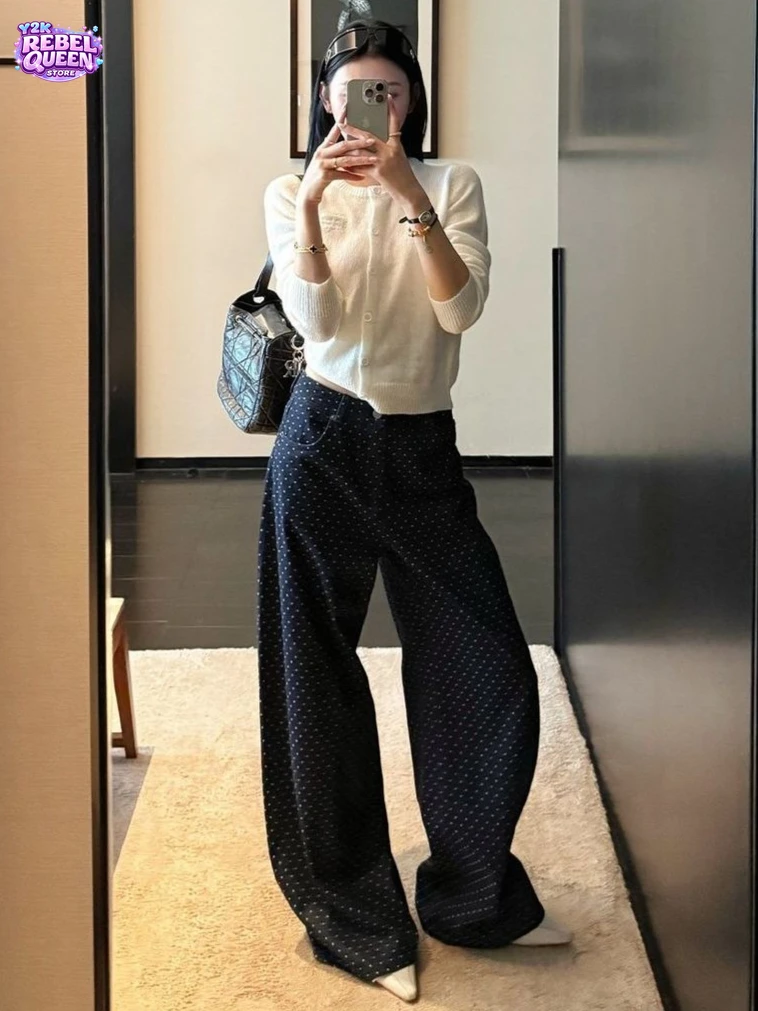 

Vintage Polka Dot Denim Pants Women Spring New Design Casual Curved Wide Leg Jeans Loose Retro Streetwear Trousers High Waist