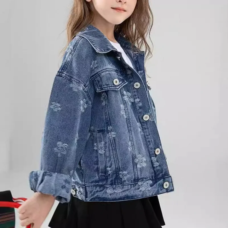 

Fashion Girls Jacquard Denim Jacket Coat for Children's Clothing Baby Teens Princess Kids Retro Blue Pattern Tops Outwear