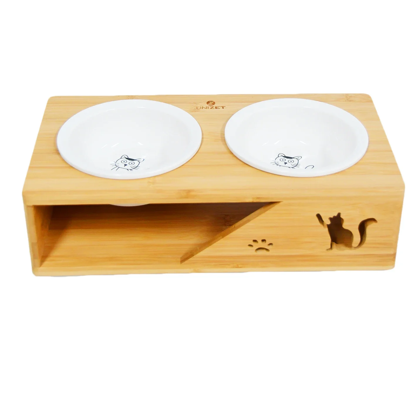 Bamboo Elevated Storage Food Stand,Raised Cat Feeder With 4 Bowls