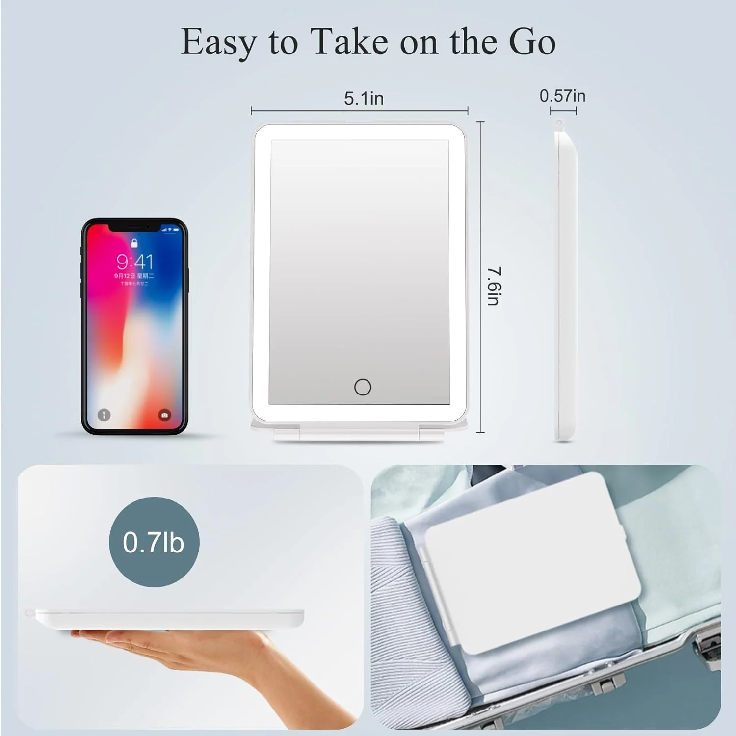 LED faltbarer Reise-Make-up-Spiegel, 3-Farben-Lichtmodi, wiederaufladbarer USB-Touchscreen, tragbarer Tisch-Kosmetikspiegel, Weiß