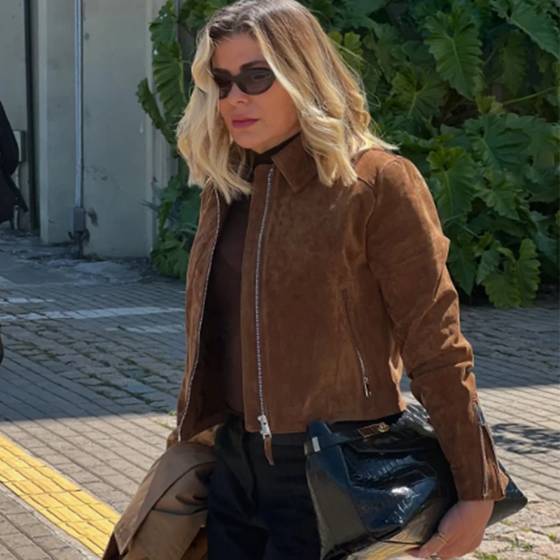 HXAO اقتصاص معطف سترة من جلد الغزال المرأة ديمي الموسم فو سترة جلدية ملابس خارجية طويلة الأكمام Bomber سترة زمم معطف قصير