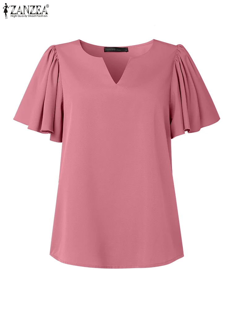 

ZANZEA Women 2025 Summer Casual Blouses V-Neck Ruffle Sleeves Everyday Wear Solid Color Blusas Mujer Korean Ladies Elegant Tops