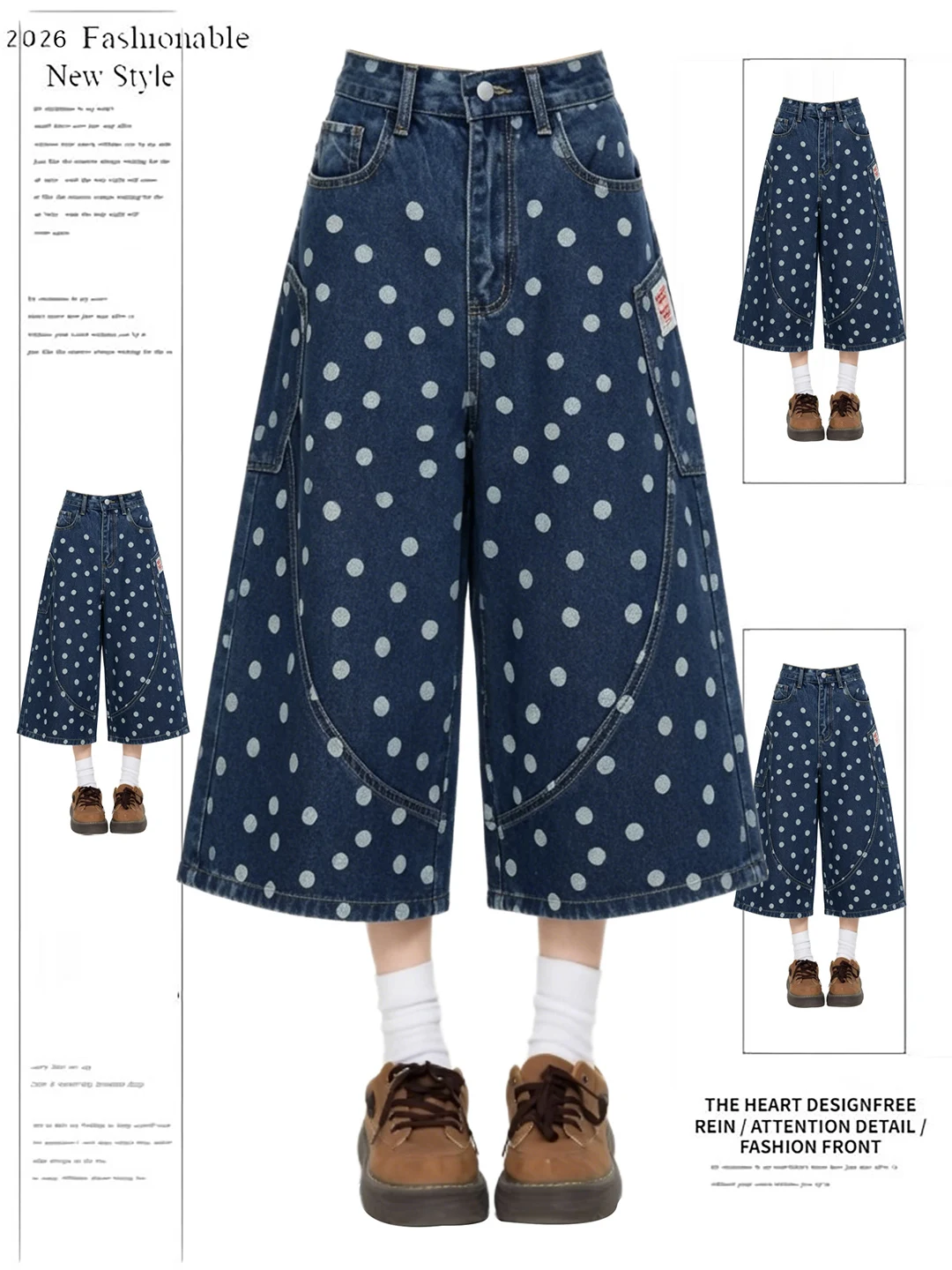 

American Retro Polka Dot Print Loose Wide Leg Jeans Women's 2026 Summer New Style Casual High Waist Denim Pants Blue