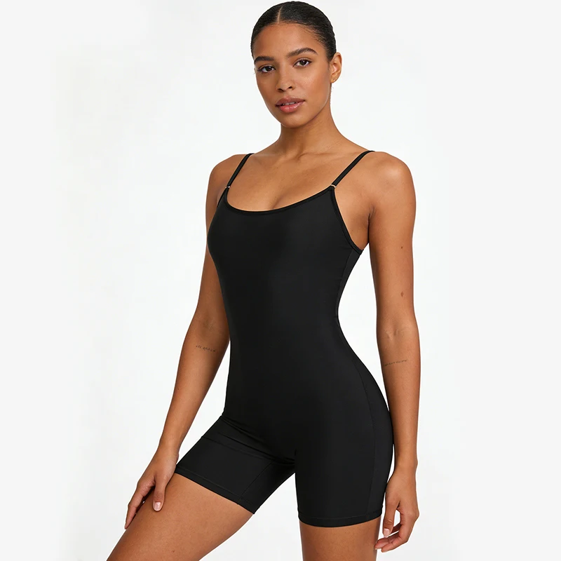

Women's Black Seamless Bodysuit Sleeveless Spaghetti Strap One Piece Jumpsuit High Waist Shorts Romper Body Shaping Bodysuit