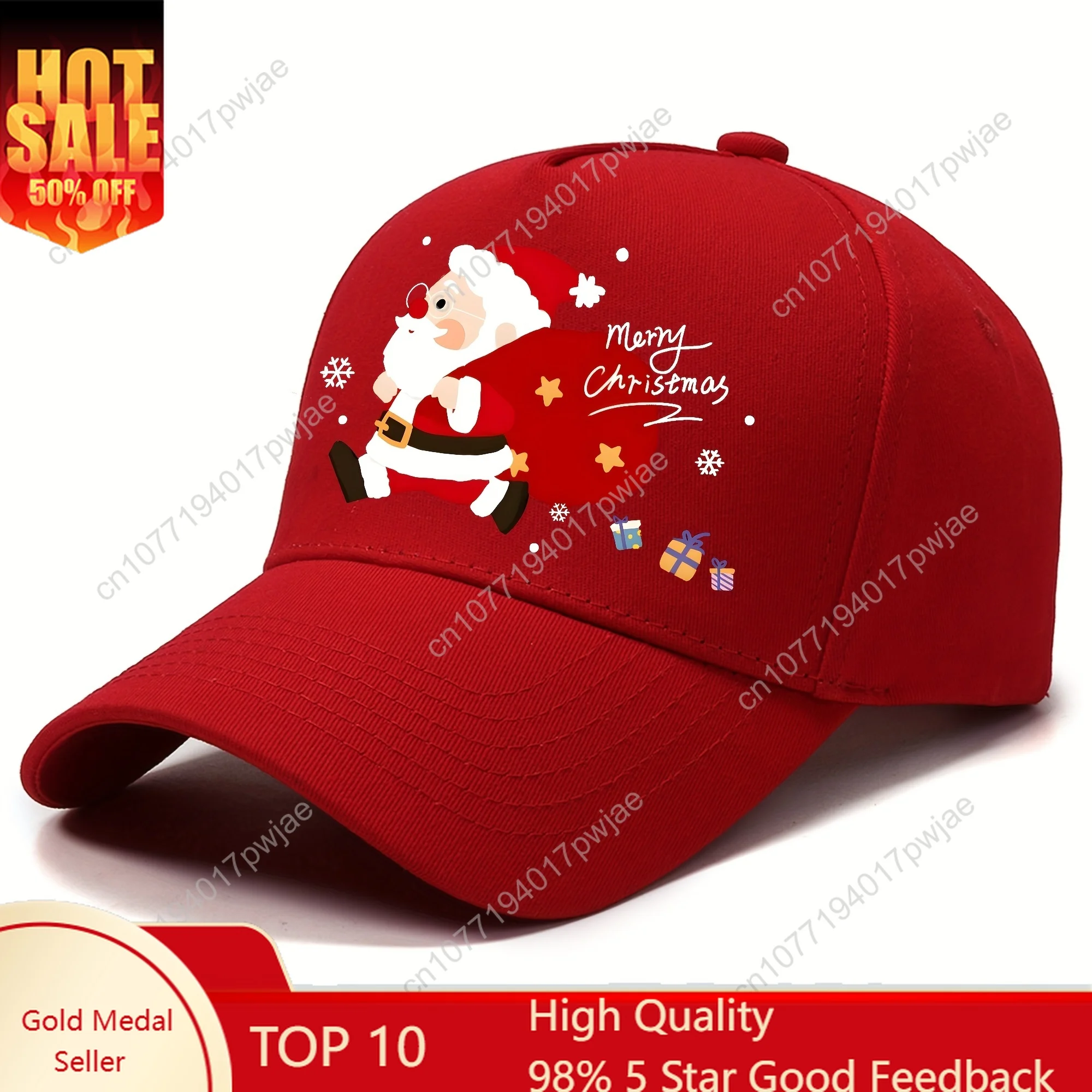 

Men's Red Santa Claus Baseball Cap with White Cursive Merry Christmas Lettering & Santa Riding Sleigh Design - djustable Snapbac