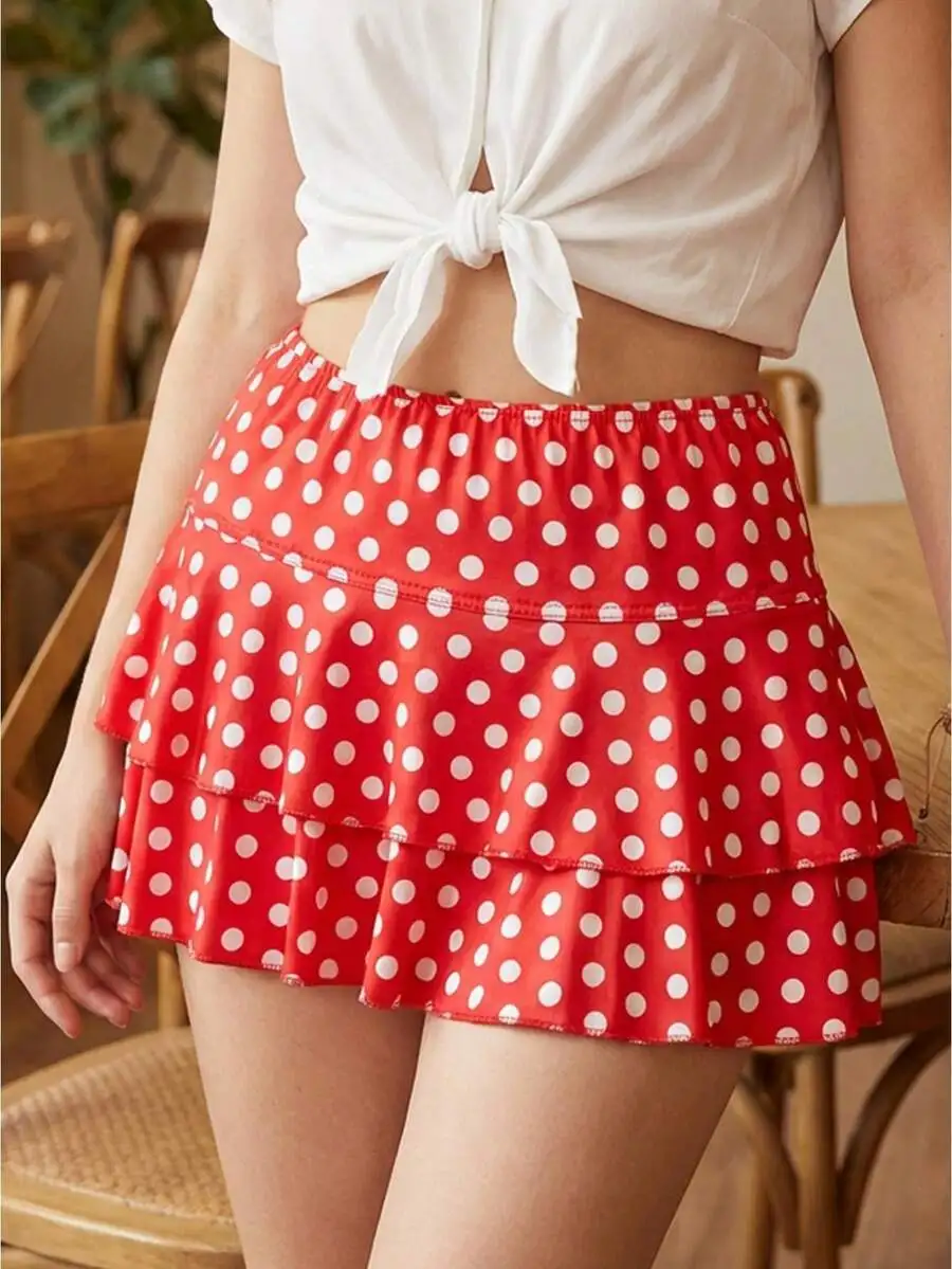 

Women Summer Red Polka Dot Tiered Ruffle Mini Skirt Casual Party A-Line Skirt