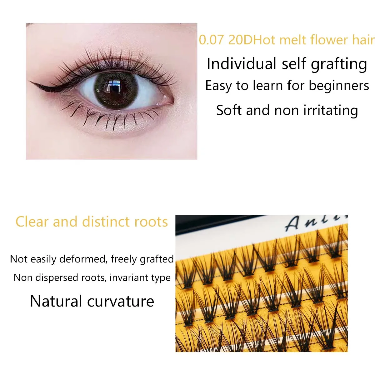 10D/20D ラッシュクラスターエクステンションスレンダー Stemfalse まつげ化粧品まつげ DIY ポータブルツールナチュラルメイクアップまつげコスプレ