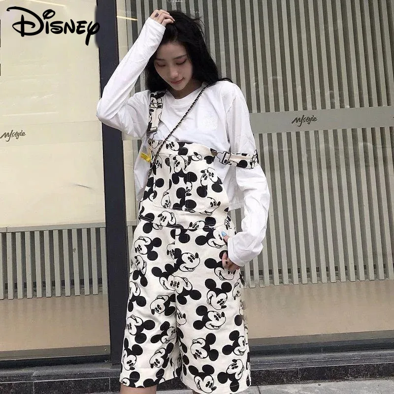 Disney Mickey Mouse Cute Printed Shorts Women\'s Summer Loose Fit Slimming Shoulder Strap Shorts Korean Style New Casual Overalls