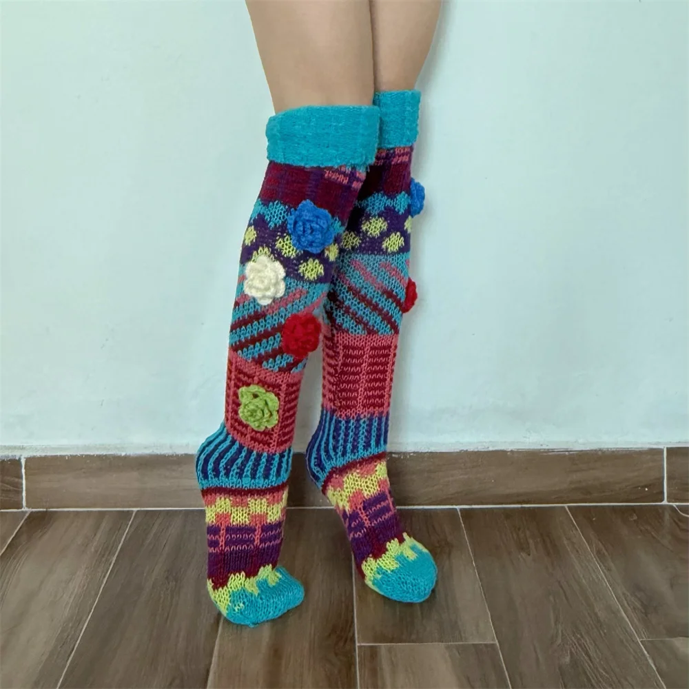 

for Streetwear Women Knitted Knee High Socks Fall Winter Crochet Flowers Knee High Stockings Soft Tube Socks