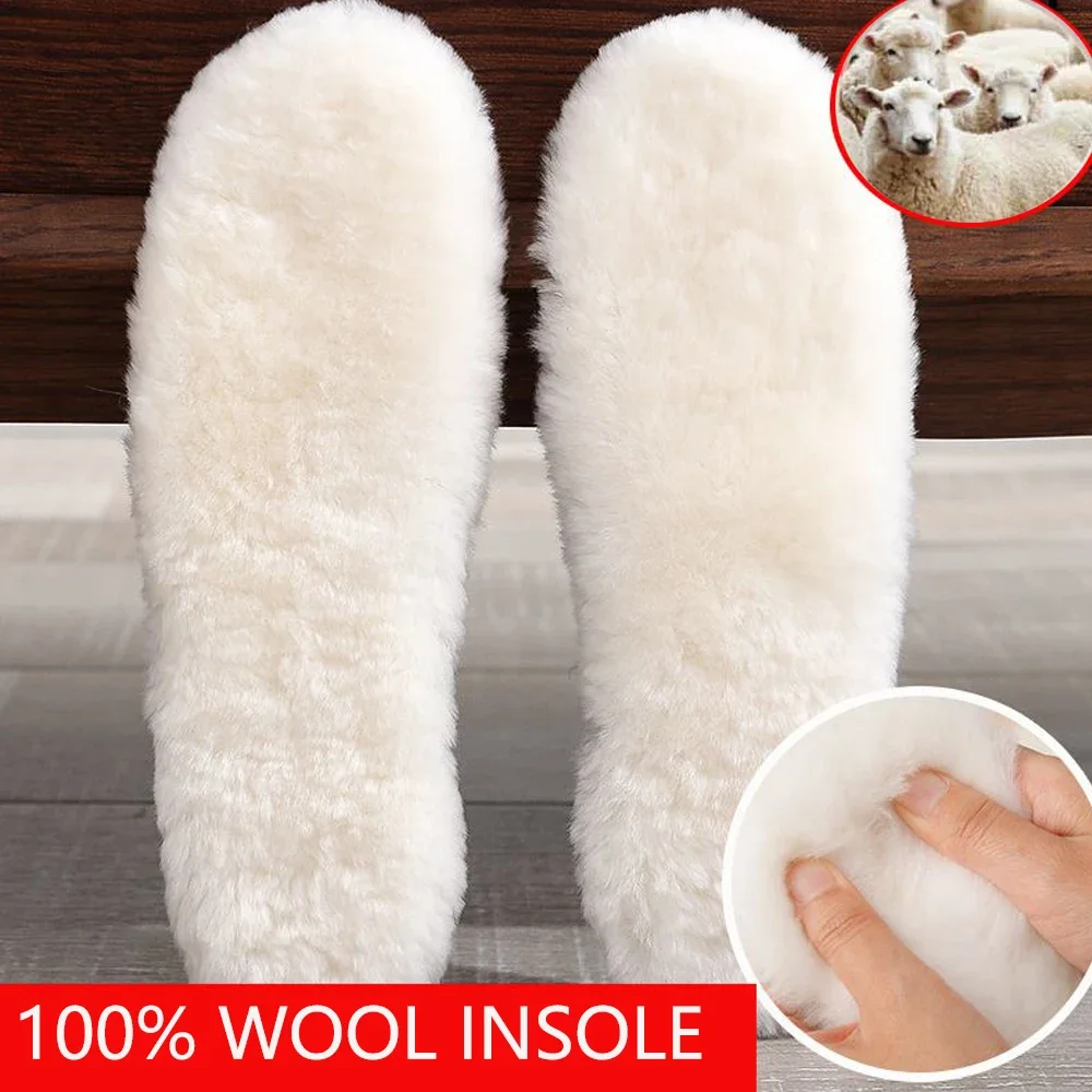 Genuine Sheepskin Fleece Wool Insoles for Men Women Thicken Cashmere Warm Shoes Insoles for Winter Snow Boots Slippers Shoe Pad