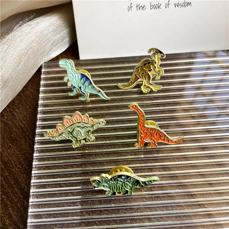 Retro Mini Dinosaur Enamel Brooch Creative Cartoon Tyrannosaurus Rex Stegosaurus Badge Coat Lapel Pins Kids Gift Jewelry