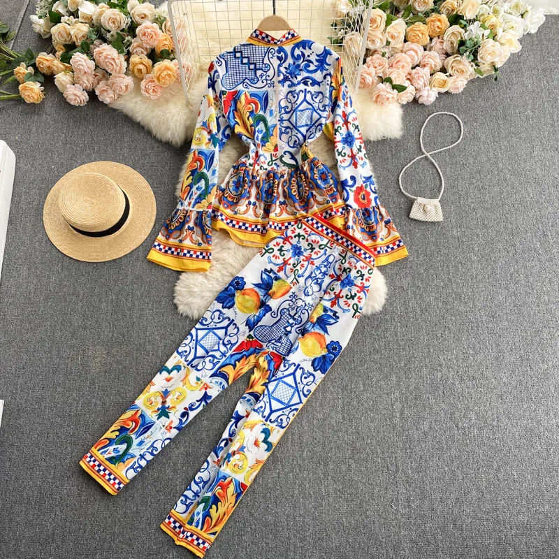 Ensemble Femme 2 pièces 2022 Autumn Women Long Sleeve Print Collar Shirts +ninth pencil pants 2 Pieces Set