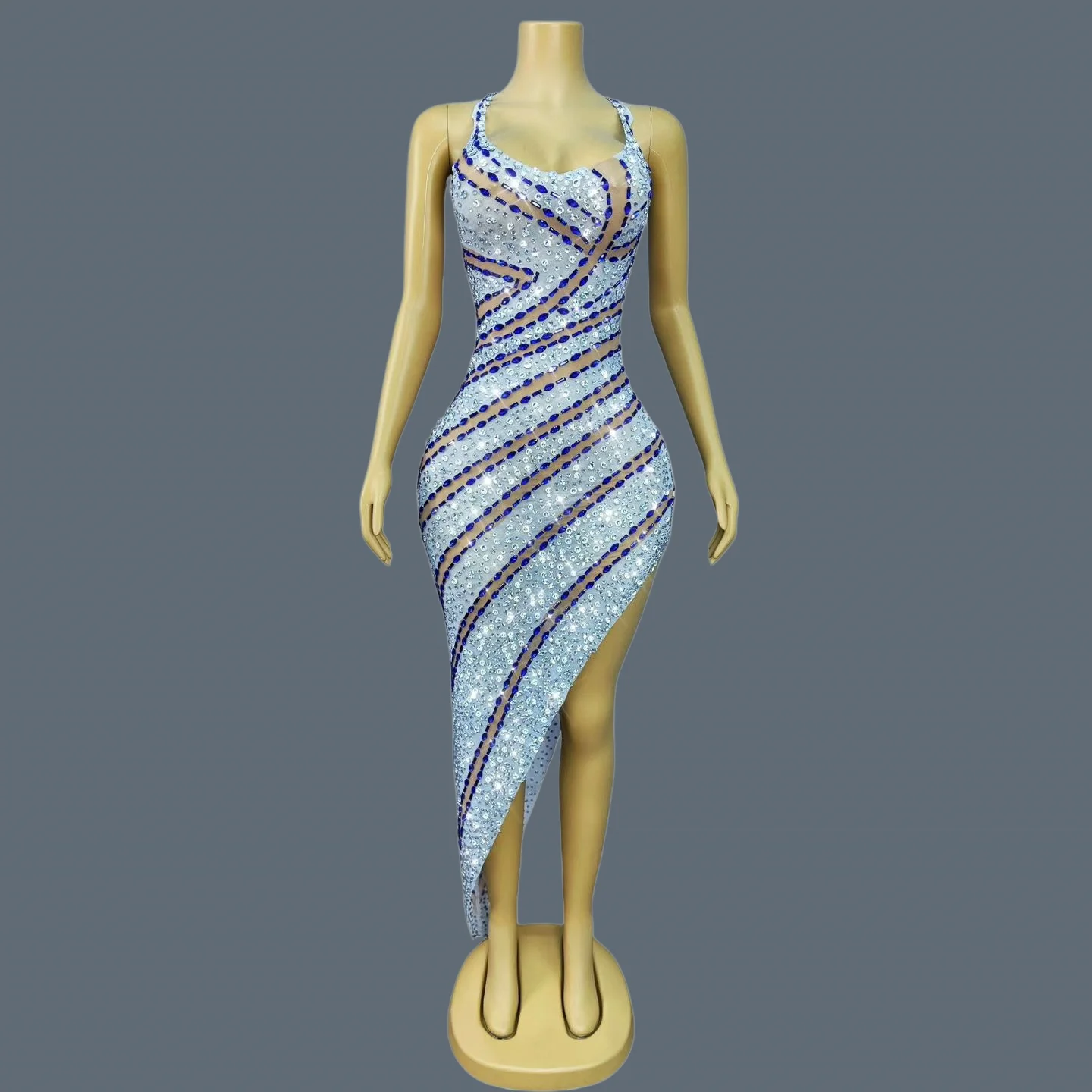 

Sexy Blue Silver Rhinestone Asymmetrical Cocktail Dress Women Sheer Mesh Halter Club Stage Performance Bodycon Mini Dress Landai