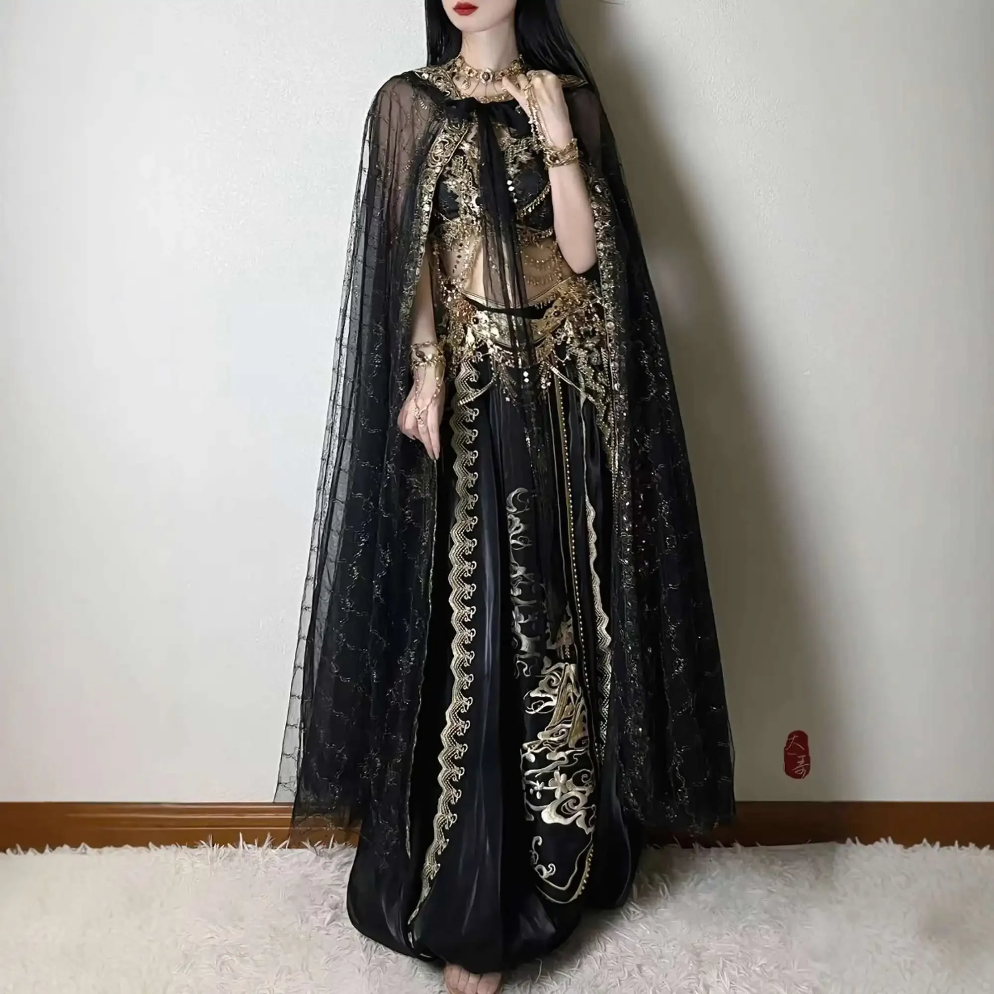 둔황 플라잉 아파사라스 블랙 코스프레 드레스 세트 튜브 탑 얀 스커트 베일 및 장신구 포함 공주 여행 촬영 의상