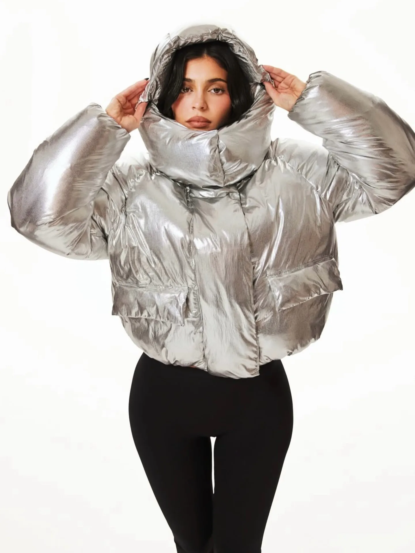

KHY Kylie Laser Silver Thick Warm Coat Detachable Hood Loose Bread Coat Cotton Coat