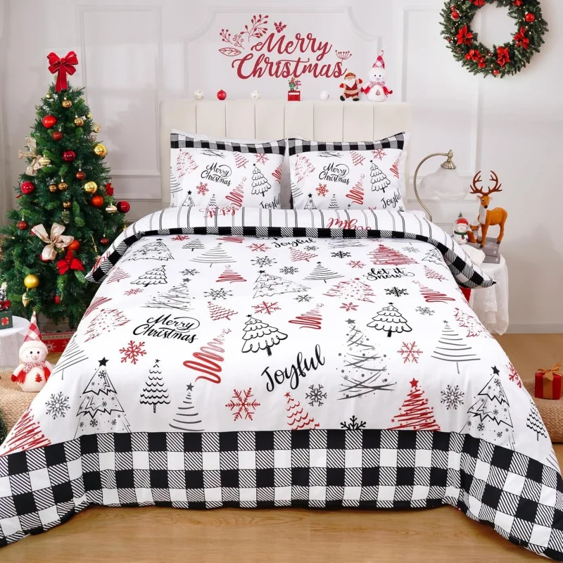 

Christmas duvet cover extra large with zipper, snowflake soft printed bedding, 1 duvet cover 2 pillowcases