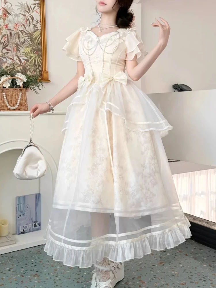 

Милое винтажное платье с бантом в лесном стиле, женское облегающее длинное платье трапециевидной формы, элегантное французское платье феи принцессы для выпускного вечера, 2025 г.