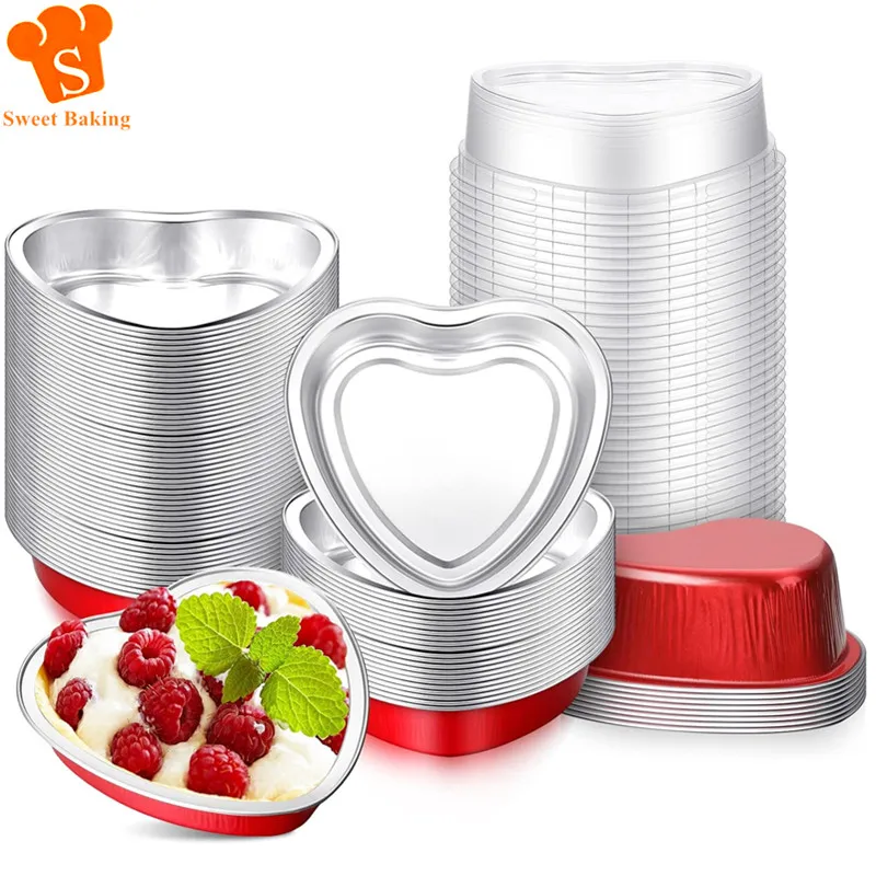 50Pcs Aluminum Foil Cake Pan Heart Shaped Cupcake Cup with Lids Baking Cups Ramekins Desserts Flans for Valentine Wedding Decor