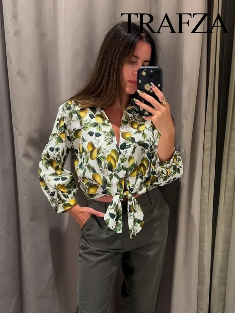 Trafza Frau Mode Chic Schnürung lässig schlanke Blusen Top Frauen Print Revers lange Ärmel kurzes Hemd Top Streetwear Mujer