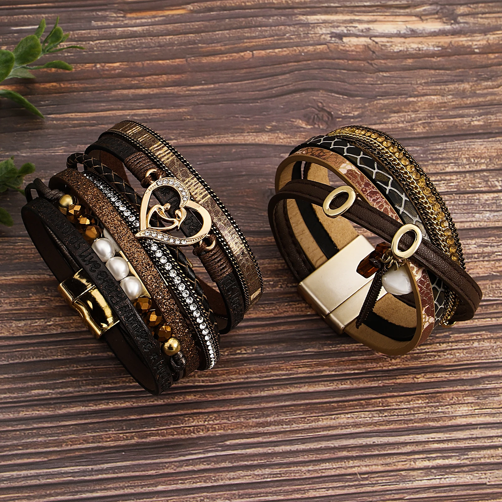 

Amorcome Vintage Rice Bead Multilayer Leather Bracelet for Women Heart Stackable Package Bracelet Party Jewelry Accessories