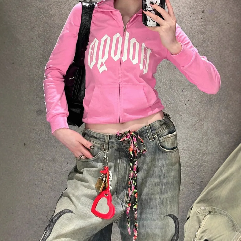 Retro Y2k Print Baggy Jeans Mode Vrouwen Hip Hop Losse Paar Amerikaanse Rechte Wijde Pijpen Broek Gewassen Gescheurde Jeans