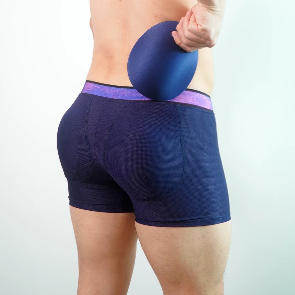 Herrenunterwäsche, gepolsterte Gesäß-Boxershorts mit Gesäßpolstern, atmungsaktives Netz, lange Boxershorts, elastisch und bequem