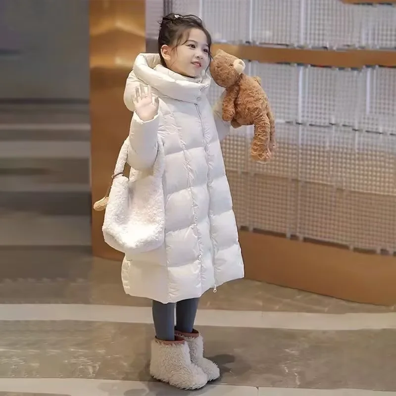 Girl's Down Cotton Coat Winter 2026 New Older Children Korean Style Trendy Mid-length Hooded Down Jacket  4 6 8 10 12 13 15Years