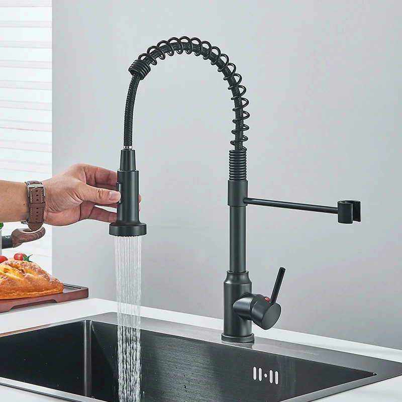 

Chrome-plated brass kitchen faucet with dual hot and cold water modes and dual outlets, 360° rotation, and countertop mounting