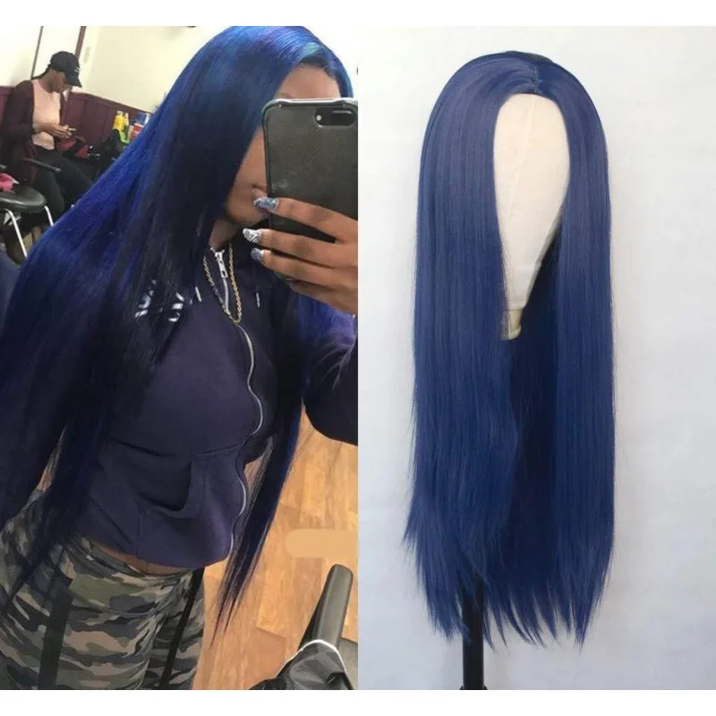

New fashion , blue-black-red cap, long straight hair wig