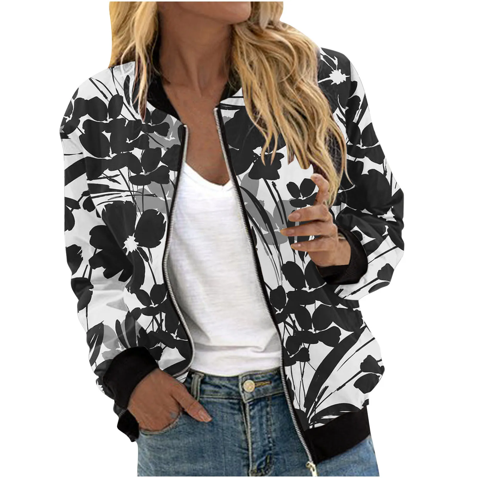 Women's new autumn and winter fashion temperament casual commuting flower series digital printing thread zipper jacket jacket