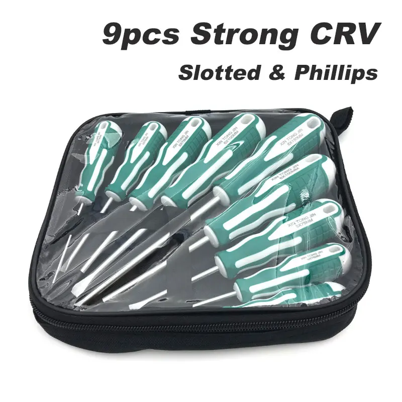 9pcs Screwdriver Set with zipper bag Magnetic cross Phillips slott bits Storage Tip CRV Shaft