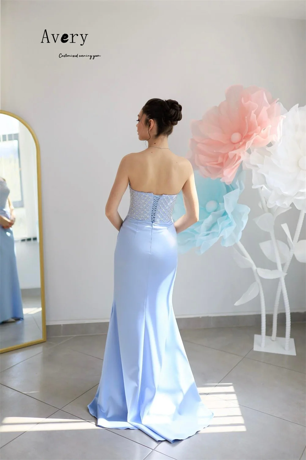 Avery personalizado fishtail céu azul sem alças tubo superior elegante vestidos de festa 2025 longo elegante mulher vestido de festa vestido de baile