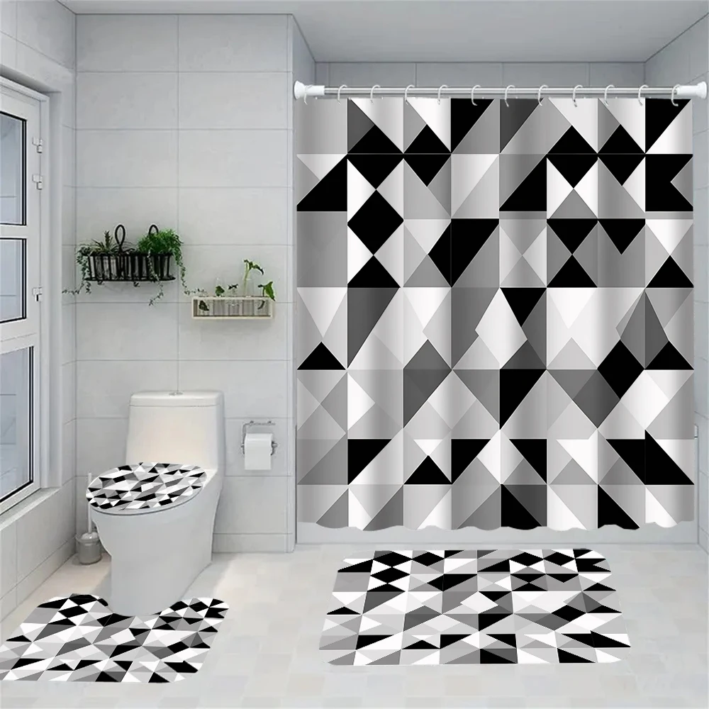 1/4 ستائر دش مطبوعة هندسية باللونين الأبيض والأسود، ديكور مقعد المرحاض، ستارة دش مع سجادة وغطاء للمرحاض، 70.8 × 70.8 #3
