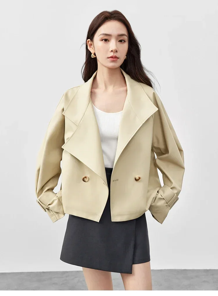 

SENTUBILA Fashion Crop Trench for Women 2025 Spring Khaki Loose Turn Down Collar Long Sleeve Double Buckle Outerwear 151F58220