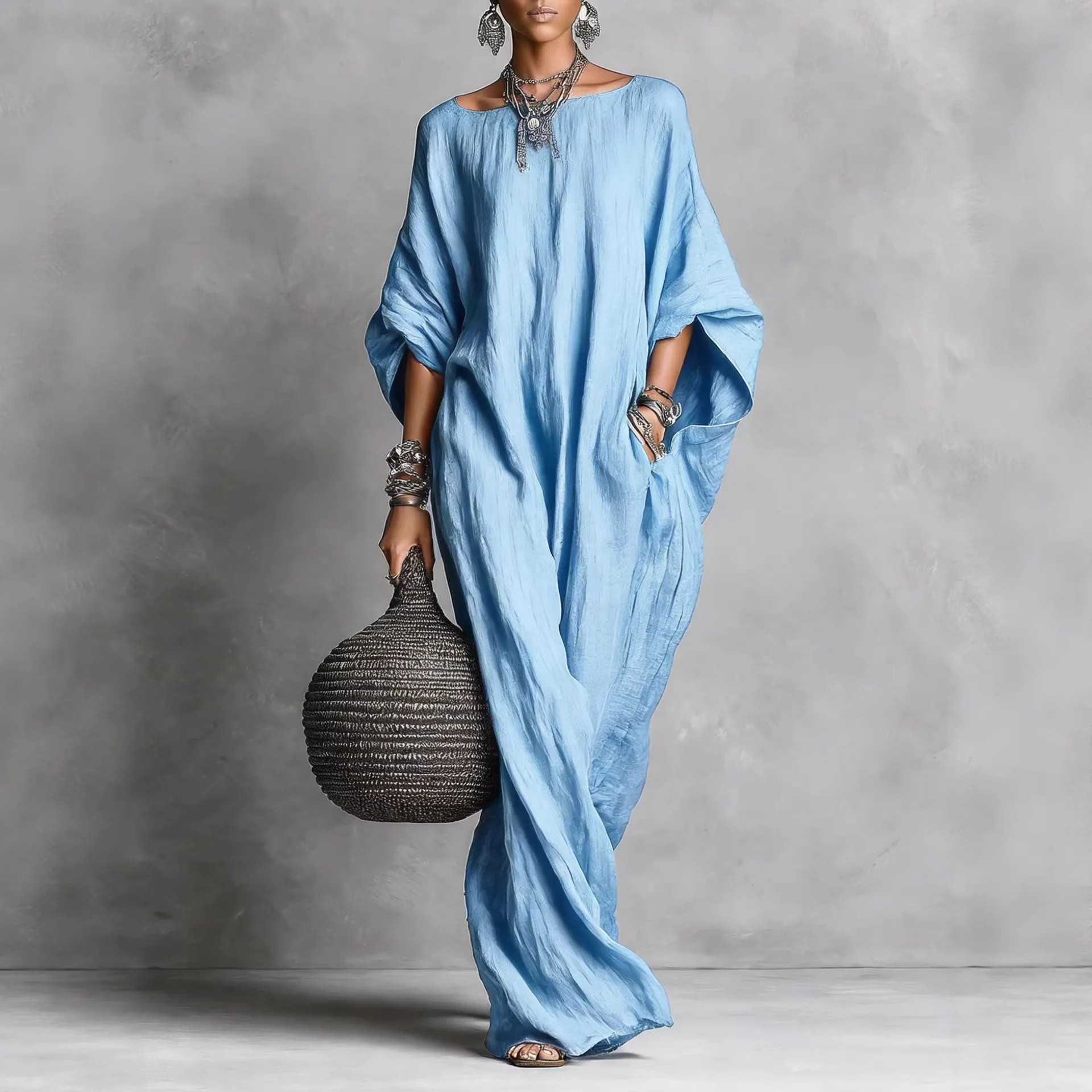 

Fashion Imitation Cotton Linen Dress Spring And Summer Casual Round Neck Loose Dress Summer New Batwing Sleeve Holiday Dress