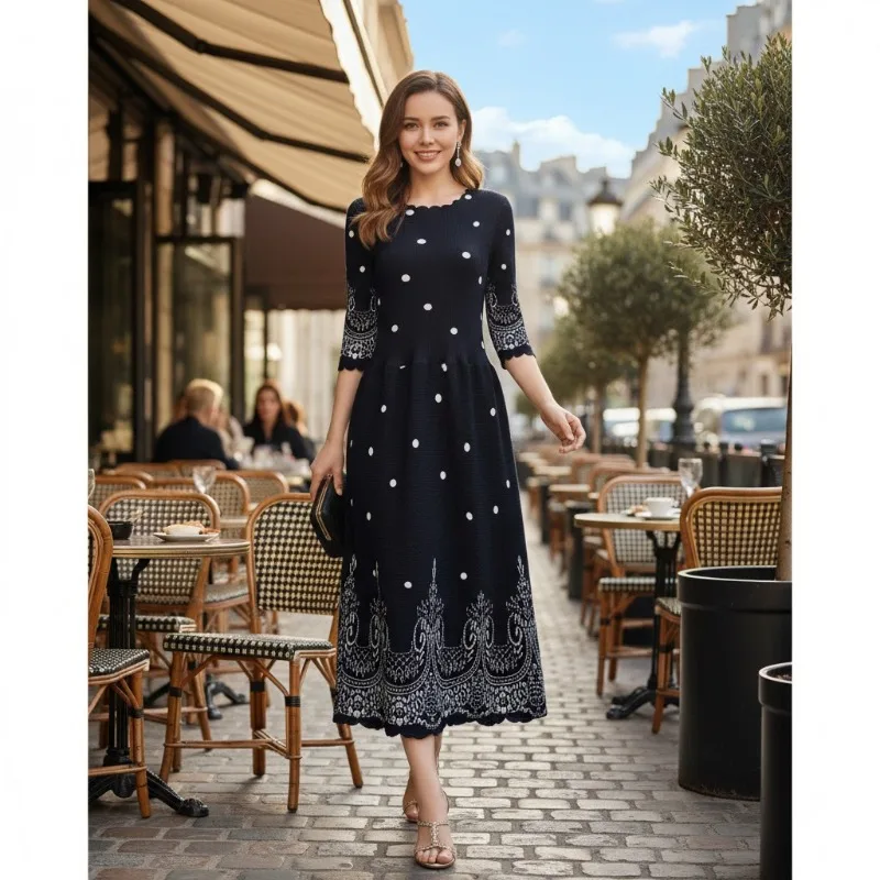 

Miyake Pleated Dresses Plisse Printed Evening Elegant 2026 Spring Summer New Loose Plus Size Round Neck Half Sleeve Long Dresses