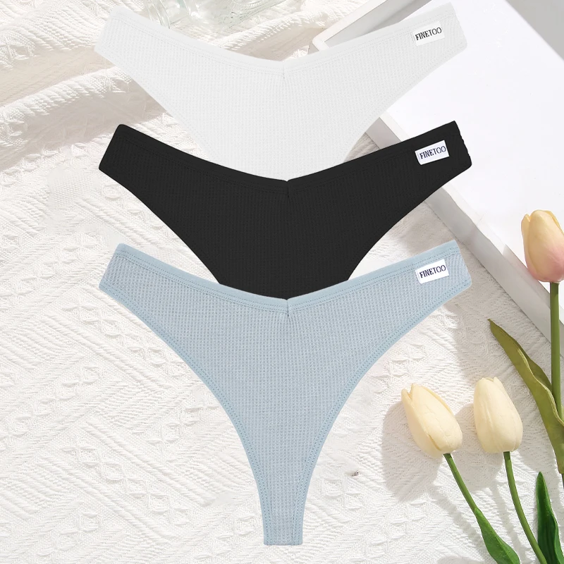 FINETOO 3 Teile/satz Sexy Waffel Plaid Baumwolle Höschen Frauen Einfarbig Niedrigen Taille G-String Unterwäsche Weibliche Weiche Thongs Dessous