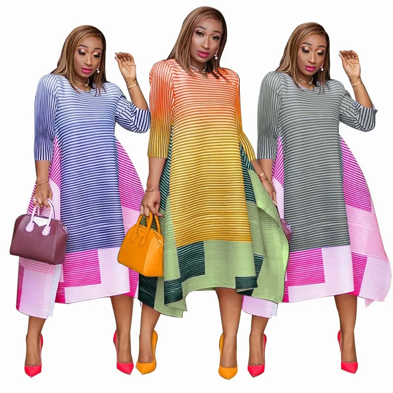 أوائل الخريف المرأة تي شيرت الجولة الرقبة 7-نقطة كم فستان موضة التدرج المشارب عادية فضفاض غير النظامية الإناث فستان ريترو