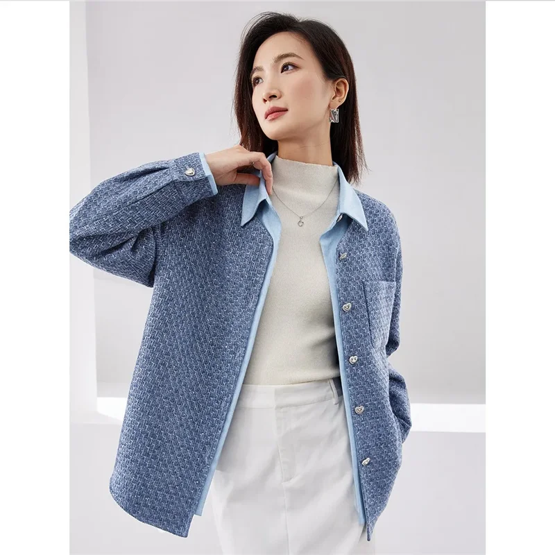 Frühling Herbst mittellange gefälschte zweiteilige Mantel Frauen 2024 neue Mode lose Freizeit jacke Knopf reine Farbe blau Oberbekleidung weiblich