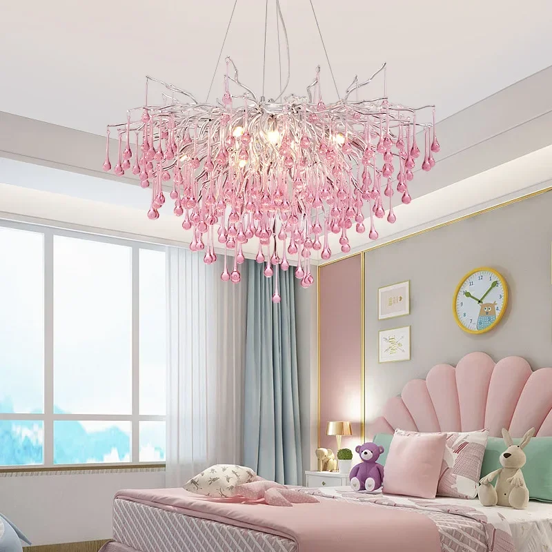 Candelabro de techo con cristales de brillo rosa, decoración para habitación de niños, candelabro colorido para habitación de niños y niñas, cristal de lujo