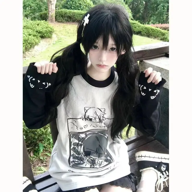 Japonês contraste cor anime impressão bonito manga comprida em torno do pescoço camiseta para as mulheres outono novo solto algodão na moda y2k topo