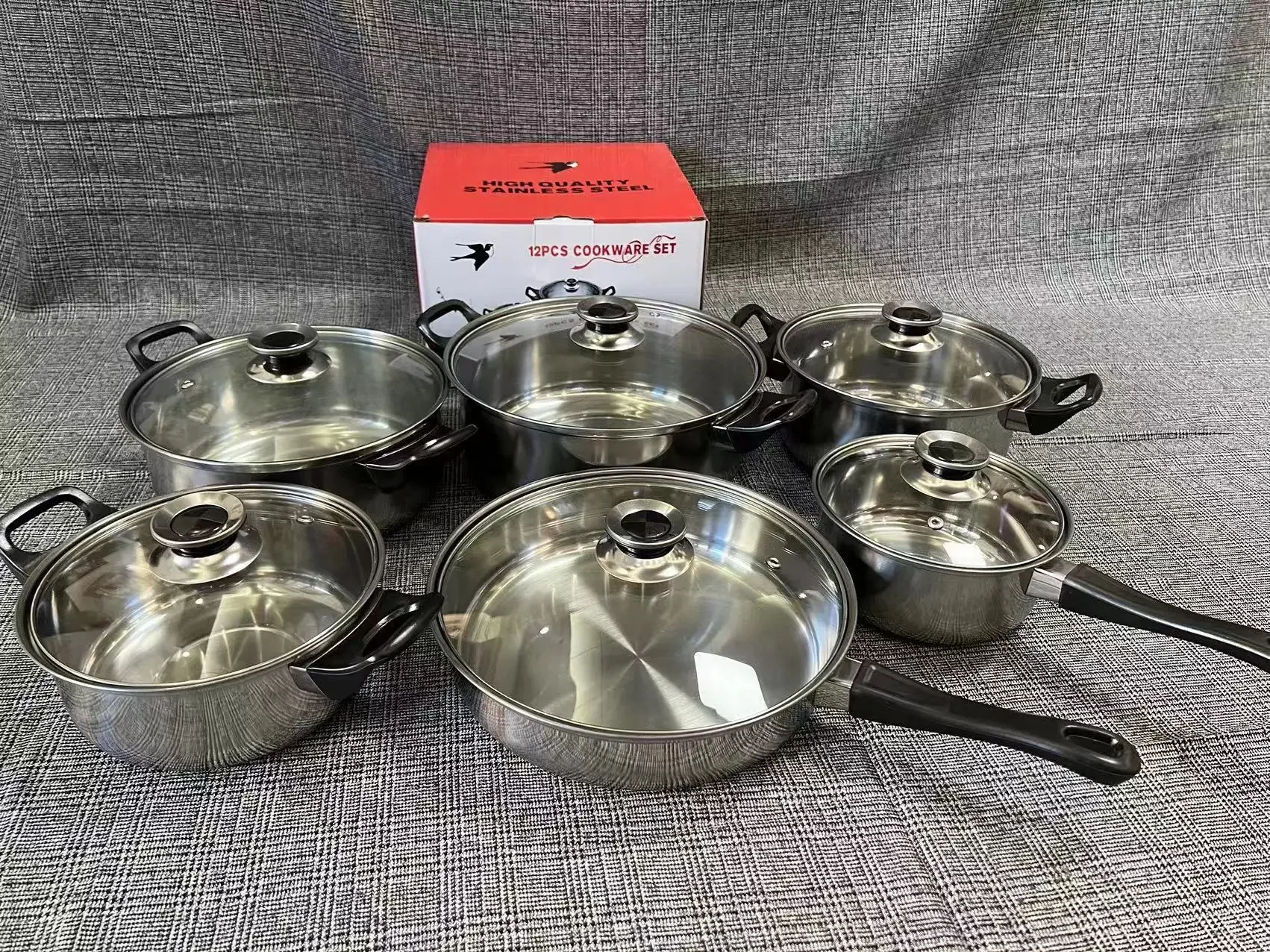 Stainless Steel Pot 12 Piece Set Black Handle Milk Pot Soup Pot Fry Pot